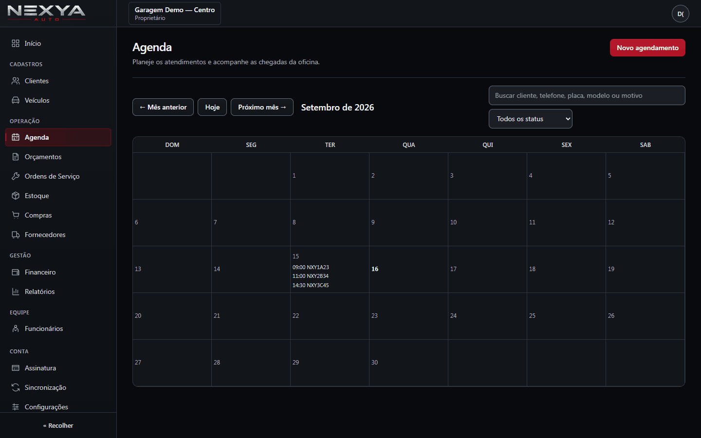 Tela de agenda da NEXYA Auto