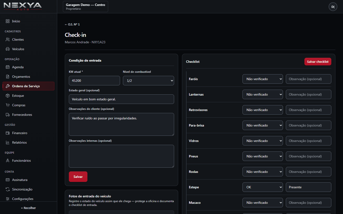 Check-in real da NEXYA Auto com checklist e registro de entrada
